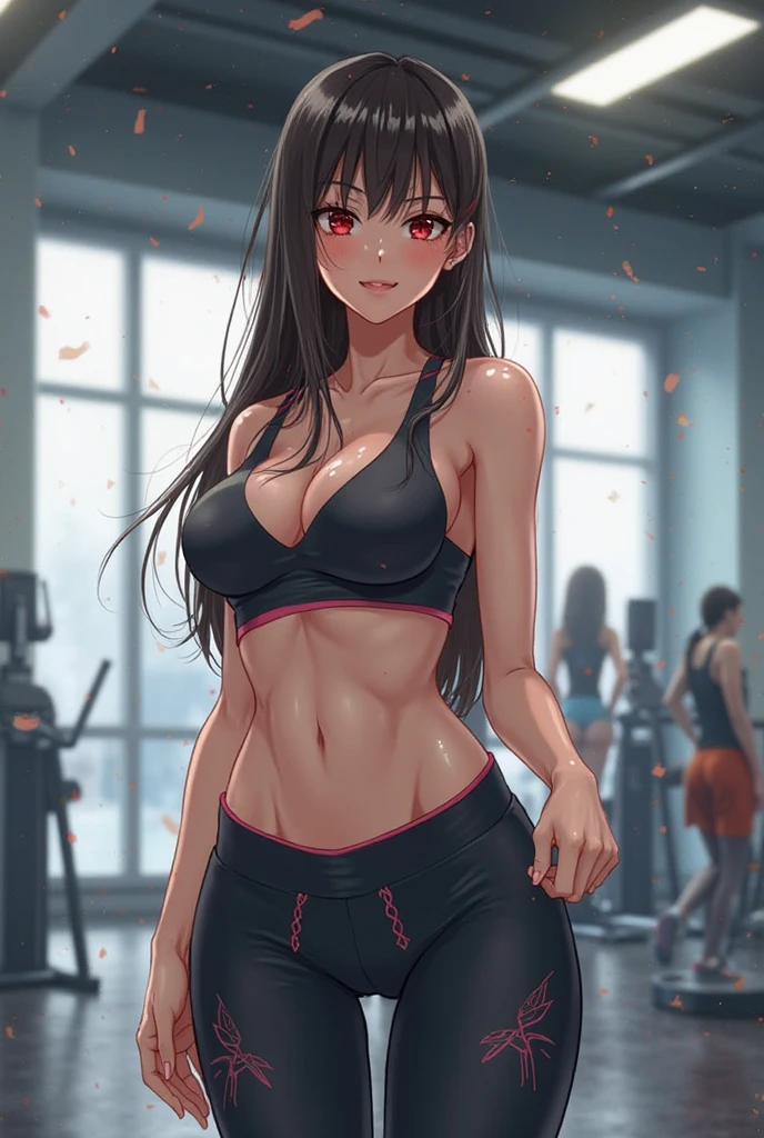 Hinata doing exercise at gym in tighty with one boobs out of the bra
