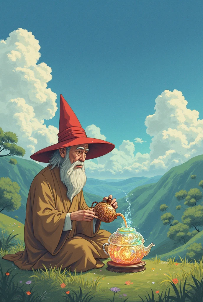 I need an elf (masculine) thin man with a long beard sitting under a mushroom, in green and brown clothes with a leprechaun hat, smoking a cigarette, I need it to be in an anime or drawing style and for the whole body