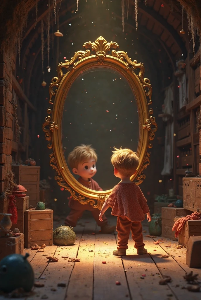 Two boys looking at a mirror 