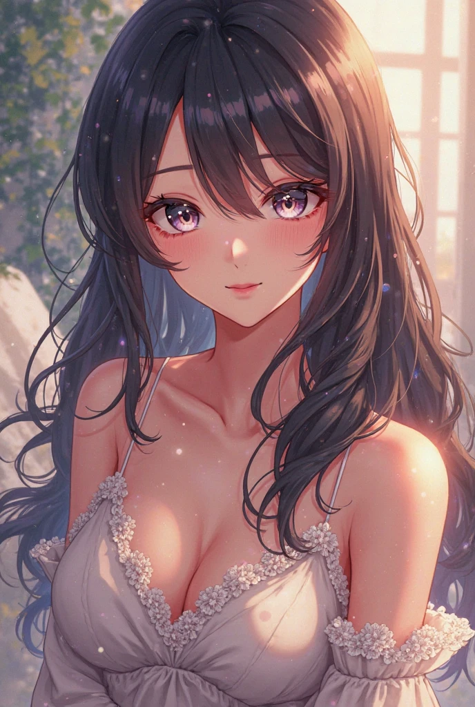 (masutepiece: 1.3), (max resolution: 1.2), (Ultra HDTV: 1.2), cinematric light, (8K resolution), ((Detailed eyes and skin, detailed facial features, Perfect limbs, perfect fingers, Anatomically accurate body, Fingers in natural shape)), (Sharp Focus: 1.2), (Focus is on the upper body:1.2), Perfect Style, (Beautiful face, kawaii eyes, Clear eyes), acurate, Anatomically correct, Highly detailed face and skin texture, Detailed eyes, Double eyelids, Thin eyebrows, Glitter Eyeliner: 1 Natural cheeks, Glossy skin, Fair skin: 1.2, (Glossy lips: 1.4), (Highly detailed facial and skin texture, Detailed eyes, Double eyelids, Natural cheeks, ,shiny lips: 1.4), ((Full body like)), (red blush, embarrassed from:1.1), Black bra, (shiny lips: 1.2), (Soft breasts, Firm chest, Lustrous breasts, large udder, cleavage of the breast), red blush、embarrassed from, Underwear peeks out,  Neat and clean woman, 2, 1 persons, sexual excitement, bangs flowing diagonally, Long, Hair fluttering in the wind, (Black hair, Little brown hair, Lustrous hair),(#cute white tank top, tank top with lace, #lovely, #rcasual, #feminine, #JINS), #Women's Room, #Pose showing off big breasts, #Gentle expression, #a smile,