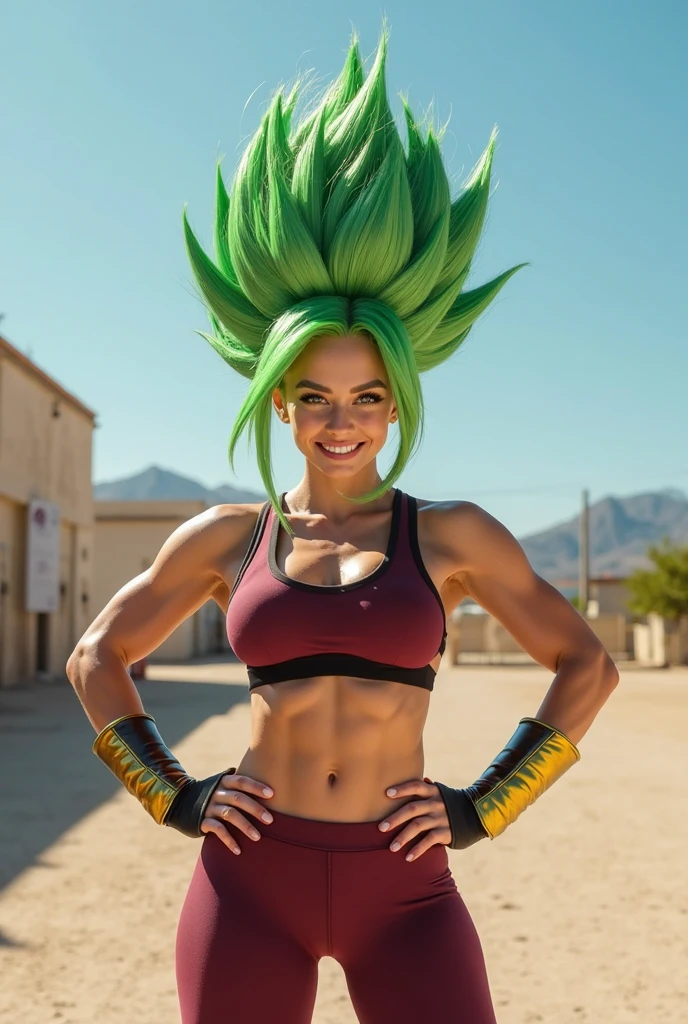 <lora:B8st9D8st9_v1:0@1, 0.5@1, 1@0>, <lora:DBS_Kale_SSJ_v1:1>, high quality, high resolution, woman, smile, solo, looking at viewer, (big breasts), cleavage, bikini, aqua eyes, spiked hair, super saiyan, earrings, short sleeves, wristband,vambraces,B8st9D8st9, kalessj