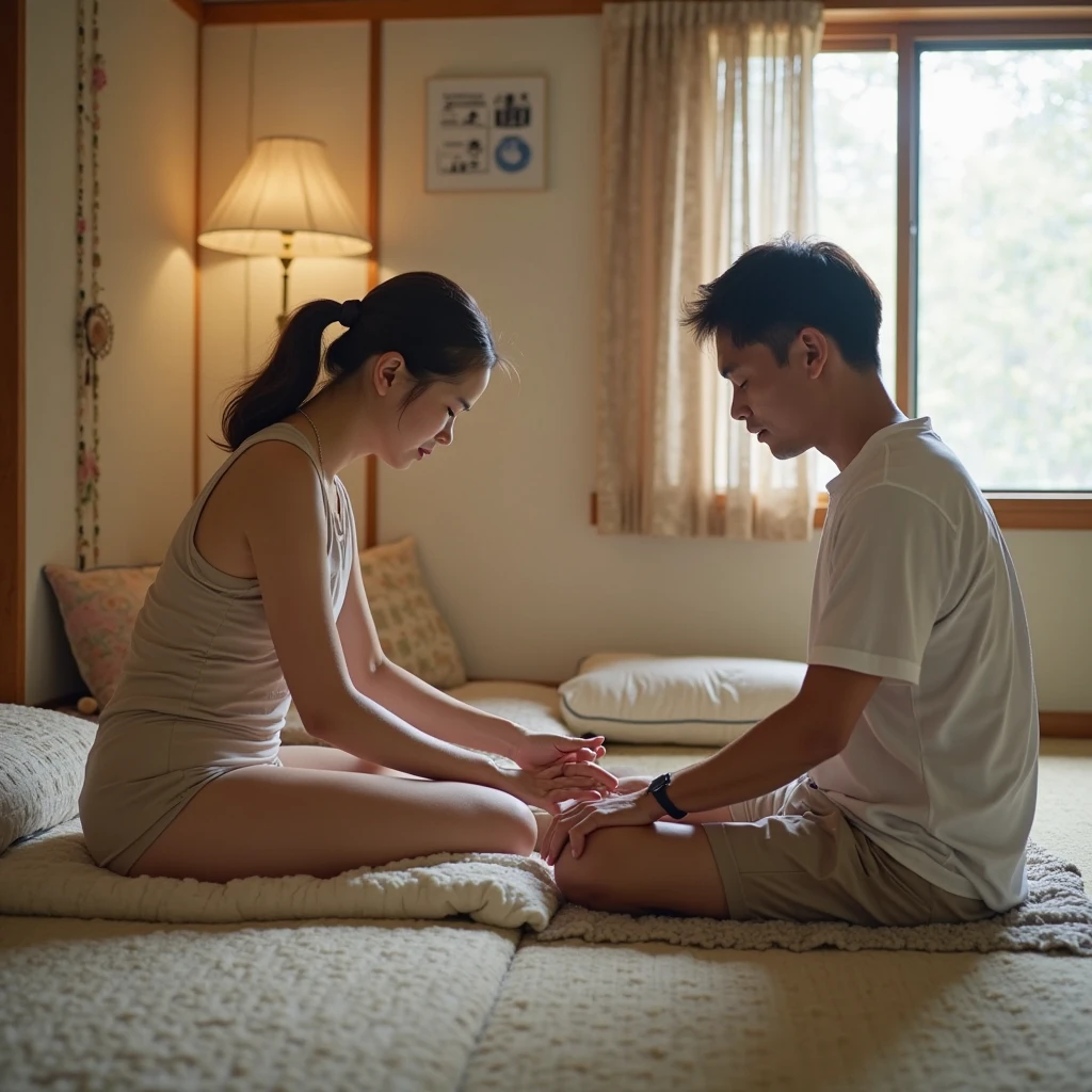 A serene and cozy scene where a young Japanese woman with long, straight hair leans forward, adjusting the pants of a man lying down. She is dressed in a sleeveless light blue top and shorts adorned with a delicate floral design. The backdrop is a traditional room with sliding paper doors, allowing warm natural light to fill the space. The man, wearing jeans and a white shirt, gazes calmly at the scene, exuding an air of tranquility.
