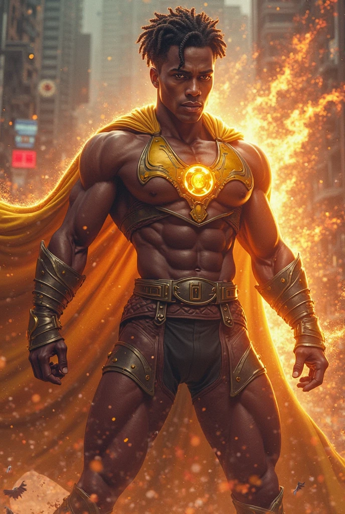 Muscular, dark-skinned male superhero with fire powers, wearing long golden clothing.