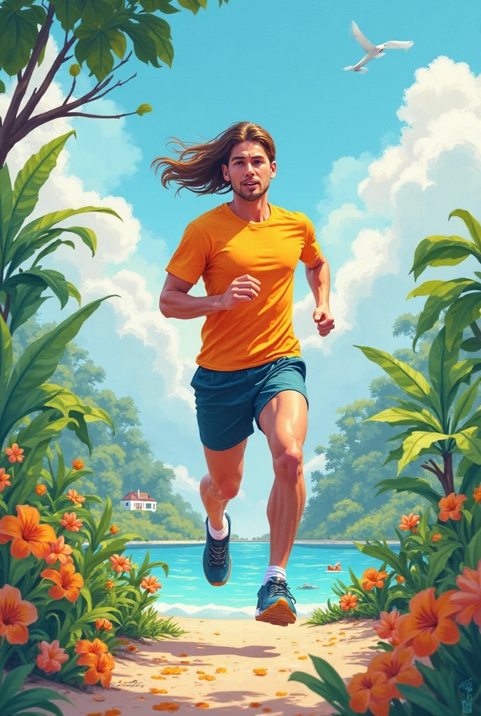 Beautiful guy, blond, tall, runner, with cheetah feets, outside, running close to a river, with a write saying "physiosurpattes" in the middle of the image, cartoon