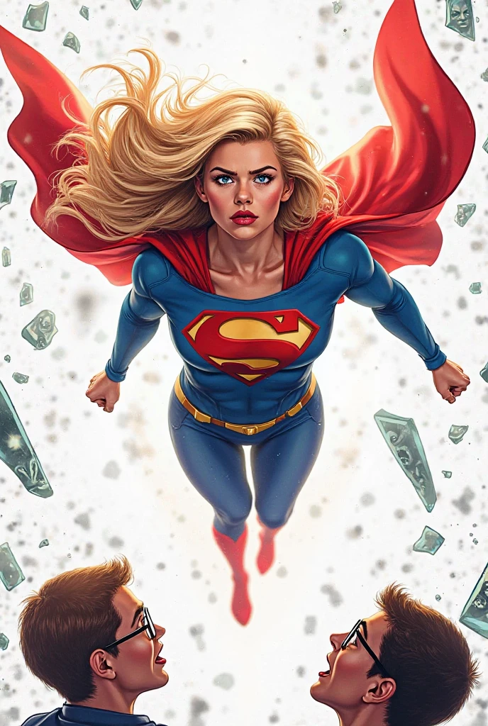 Epic realistic image depicting 1996 blonde beauty Supergirl with shoulder-length blonde hair wearing her iconic costume with red 'S' on a yellow diamond and blue skirt. Large breasts, full figure, perfect female figure. Supergirl lies on the ground, moaning in pain, as villains place pieces of glowing green kryptonite, the only substance which can hurt her, around her. She writhes helplessly in agony as one villain places a chunk of kryptonite on her body! Show the villains' hands and cruel mocking laughter as Supergirl's body bucks and heaves before them. Well lit. Side-on view.