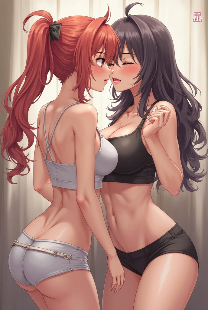 Mother and daughter in underwear fight in room glaring at each other