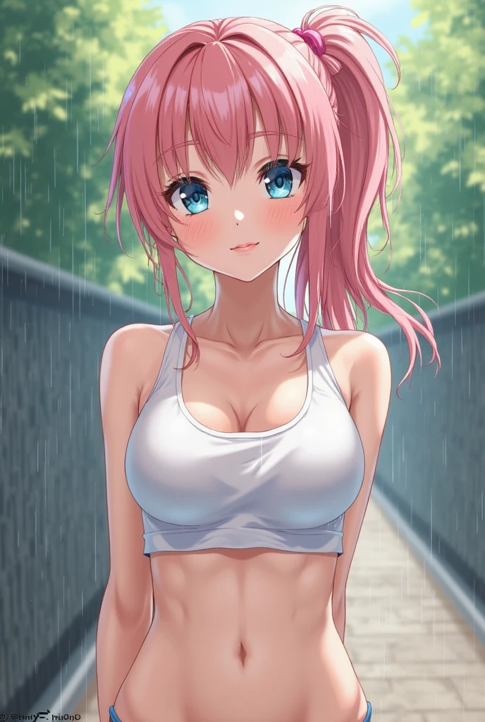 realistic, 1girl, ponytail, parted lips, blush, makeup, light smile, pink hair, sportswear, skirt, wet clothes, glow, thighs, pinkeye, bare shoulders, collarbone, narrow waist, sunbeam, sunlight, rose, wind, cleavage, (masterpiece), sweat,