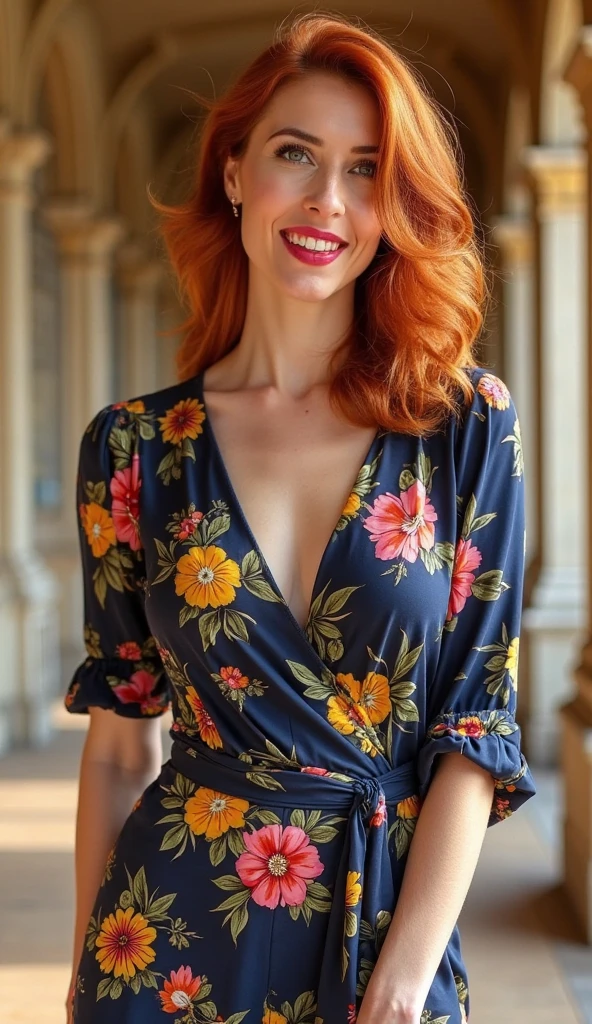 hyperrealistic beautiful busty 19-year-old woman with long legs wearing flower patterned summerdress and roman sandals, model shooting full body photography, natural redhead classic bob, freckles, soaky wet skin, dark eye makeup with eyeliner, seductive smile, red lips, 8K, Best quality, Meisterwerk, ultra high resolution, (Realismus: 1.4), Originalfoto, (realistische Hautstruktur: 1.3), (Filmkorn: 1.3), (Selfie-Winkel), 1 girl, Beautiful round hazel eyes and facial details, Meisterwerk, Best quality, indoor photography in front of a shiny leather wall, nsfw
