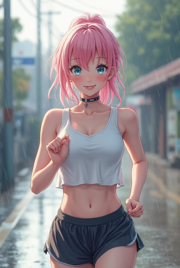 Rainy Town、Athlete girl、Pink Hair、short hair、Black choker、Wet T-shirt、Wet Hair、Trained abdominal muscles