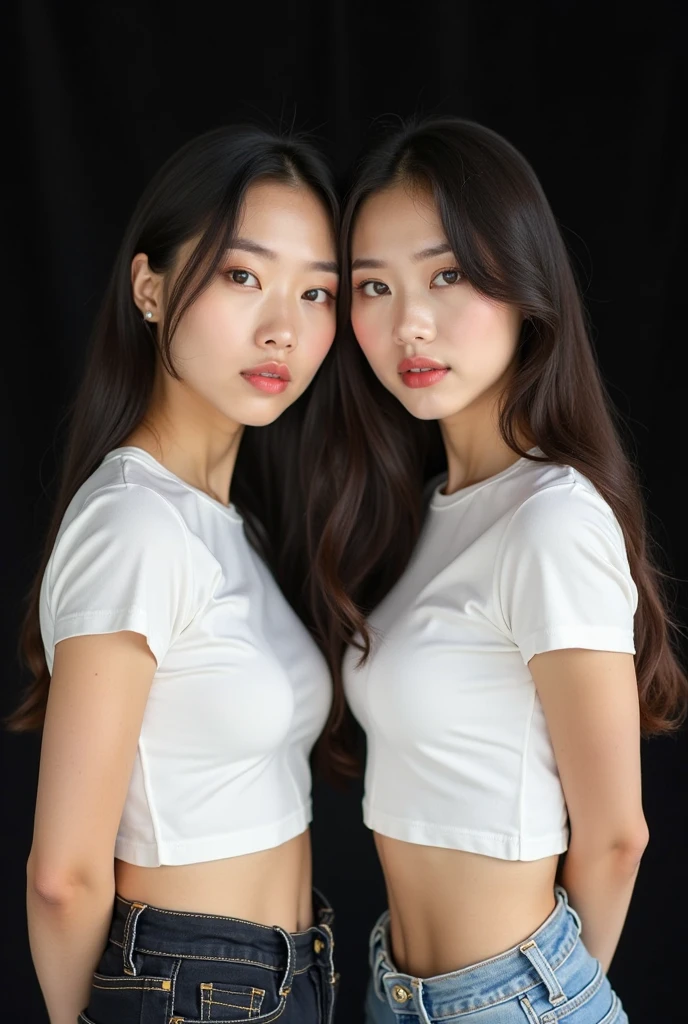 medium hair，Four girls in school uniforms pose for a photo in front of a mirror，jitome，，Black clothes，flat chest，Angry expression，,Look at the audience，avatar，portrait，Smirk,cruel korean goth girl, korean girl, Black long flowing hair，The feeling of the wind blowing，avatar，portrait，Gray light，Bangs covering eyes，Flowing hair，