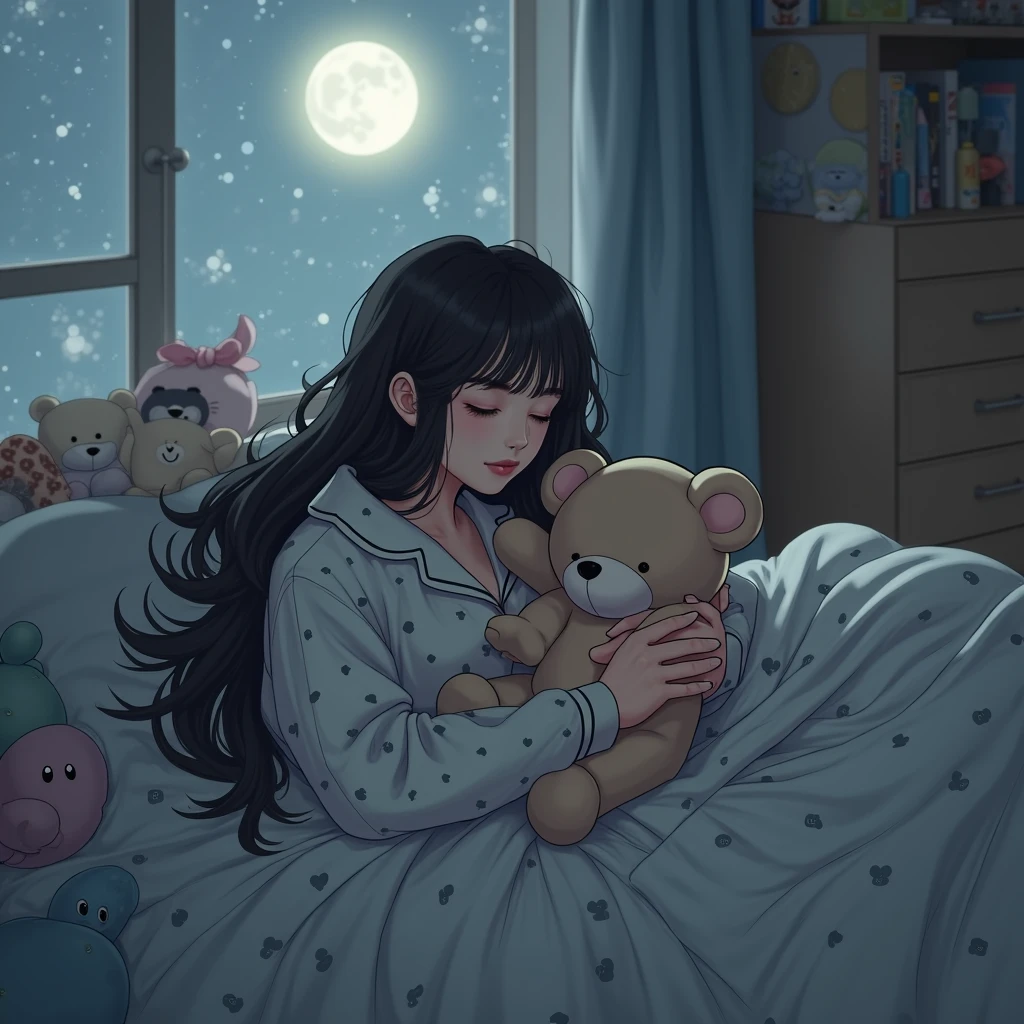 line art,
1girll, 独奏, long whitr hair, brunette color hair, longer sleeves, Sat down, Skysky, The barefoot, clouds, inside in room, pillow head, nerds, naked leg, window, Beds, natta, on top of the bed, plushies, themoon, plushies, 窗帘, As estrelas (Skysky), nigh sky, desks, starrysky, foamy, teddy bears,Single top, UHR, bookshelves, lamp lights, Bedrooms, New Moon, shelf,