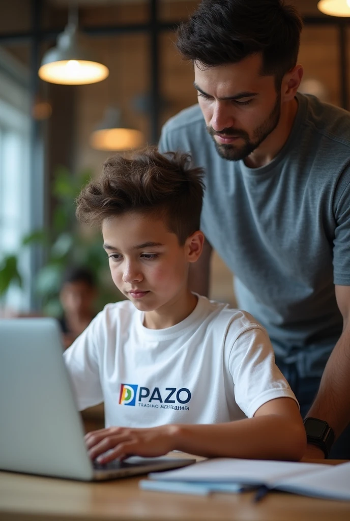 A boy sits in a chair with an Apple laptop in his hand behind him social media Facebook his picture below his name he wears a T-shirt and a jinch pan