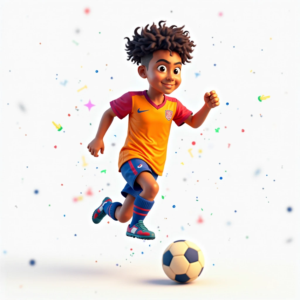 Generate an image of a child kicking a ball. He is on a futsal court well lit by white neon lights.. The court floor is blue with orange lines. Your skin is brown and your hair is curly black. His shirt is lime green with horizontal avocado green stripes.. His shorts are navy blue and his socks are halfway up his shin and are completely white.. Your sneakers are black. Your face suggests courage and strength. On your arm there is a blue ribbon.