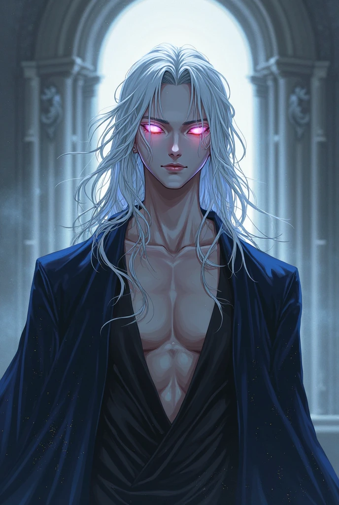 masterpiece, highest quality, (solo focus), (perfect face:1.1), (high detail:1.1), dramatic, 1guy, (pale skin), long white hair, white eyes, [light eyebrows], solo, long hair, moon, night, white luxury suit, covered navel, pouty lips, covered, futuristic city, detailed background, art by artgerm, cinematic lighting, white and pink tetradic colors, cinematic lighting, roses