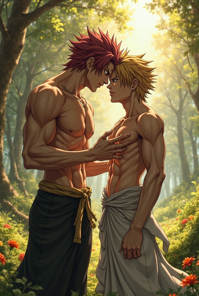2boys kissing, Natsu Dragneel and Gray Fullbuster, masterpiece, best quality, shirtless slim lean  boys young adults in a grassy field with blue sky and clouds. The men are muscular lean slim and well built, with shiny bodies and defined muscles. The men are wearing pants which have intricate motifs. The men are wearing a necklace, and dripping wet and soggy in sun. Missionary pose, sexy expression. Non NSFW. Safe for work.