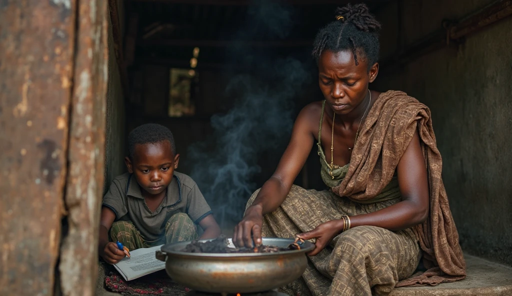 Woman cooking in a clay stove on the floor for her 3-year-old children, They are poor