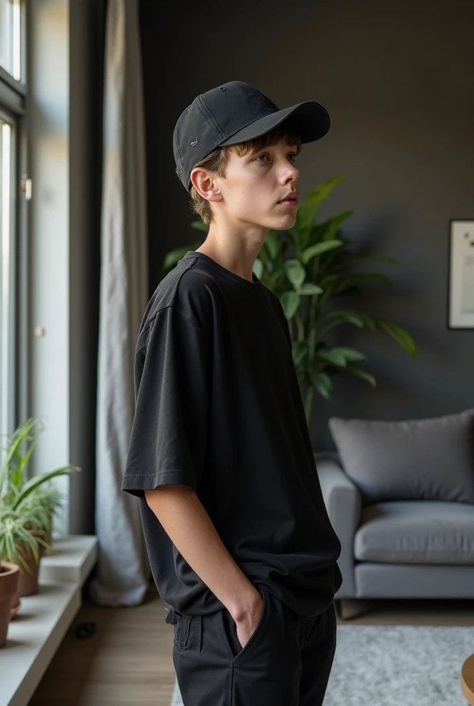 A indian young boy with curly black hairs wear a black oversized pain tshirt and stand behind a partybox speaker here is a boack lamp stand on his left side and the boys have little taooz on his left arm with white grey dully back ground and wear a neck chain and this boy show by frount side and feel realastic