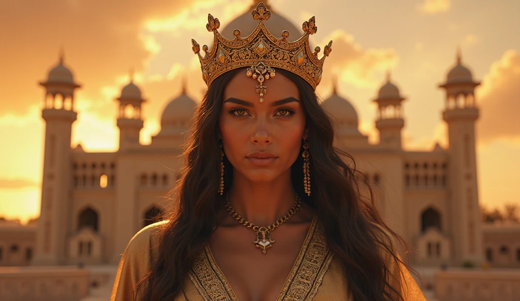 fking_scifi, fking_scifi_v2, portrait of a young Arab woman, with a seductive crown, large chest, extremely beautiful and attractive, in front of a desert city, long messy hair, rich colorful clothes and golden jewelry, close-up, royal pose and attitude. fking_cinema_v2. --auto --s2