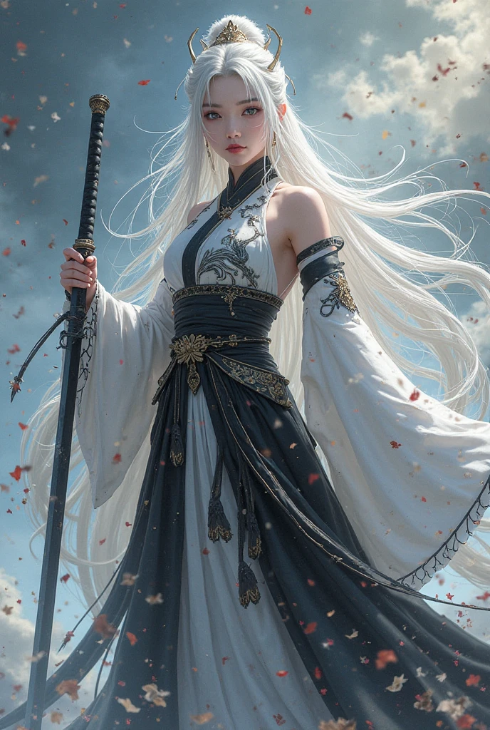 A girl, black and white Hanfu, black embroidery, white ponytail long hair, long hair flowing, white hair, white veiled scarf, face scarf fluttering in the wind, fringed hair ornaments, peony, ancient style, wide robe with big sleeves, dynamic pose, dramatic composition, petals falling, red belt, ancient architectural background, complex background, cloud and mist entanglement, fairy background, cloudy fog, movie lighting,