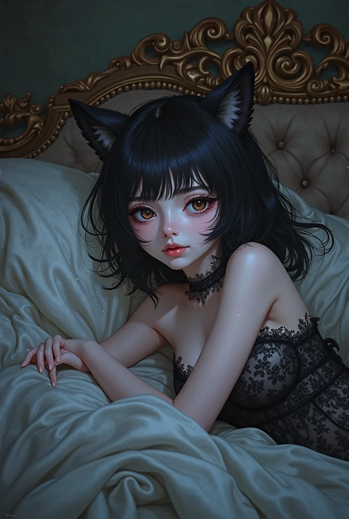 The cat wears black lace lingerie, big breasts seductive, long eyelashes and red lips --auto --s2
