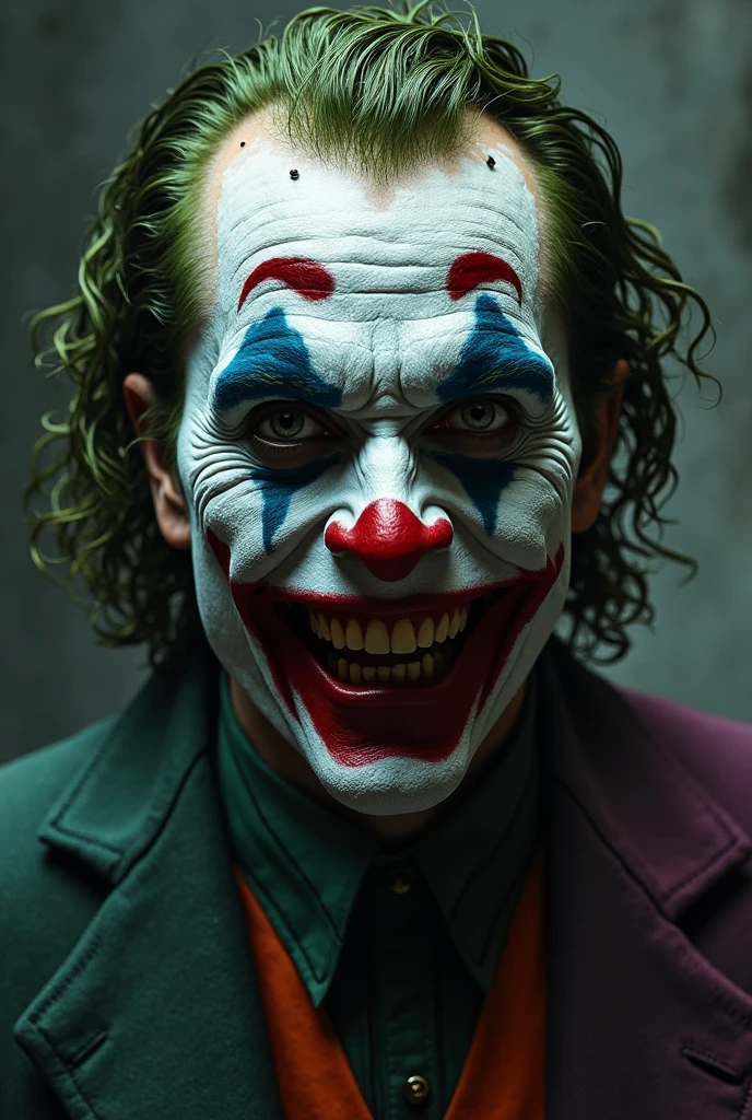 (8k, photo brute, best quality, head of&#39;artwork:1.2), ultra detailed, art officiel, photo-realistic:1.37, tir du haut du corps, DC Joker, grain de film, pose d&#39;action comic style
