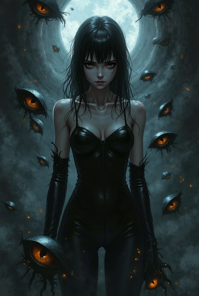 (Death:1.3), Ankh, solo focus, leather jacket, slim, (((Pale skin))), Black Hair, Black Eye Shadow, Cemetery, Mysterious, Dark Eyes,{{{Master piece:1.3}}}, {{{realistic}}}, {{cinematic lighting}}, {{{perfect anatomy:1.3}}, attractive woman, {{extremely detailed}}}, long eyelashes, {{perfect face}}, {{perfect eyes}} refined, {soft lighting}, {{gothic}}, (detailed body),(Masterpiece)),(((best quality))), ( full body: 1.4), good anatomy, short hair, gentle features, medium height, fit, small chest,((highly detailed features)), (((very detailed face))), compassionate features, intricate, (depth of field), dynamic lighting, highly detailed body, detailed features, 4k, textured, 1 woman, looking at viewer, Death logo, Raven, Skulls, Dark sky, Moonlight, Tombstones, Life and death, Kind