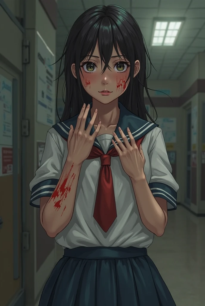 Anime yandere girl, blood, knife, dead bodies in school