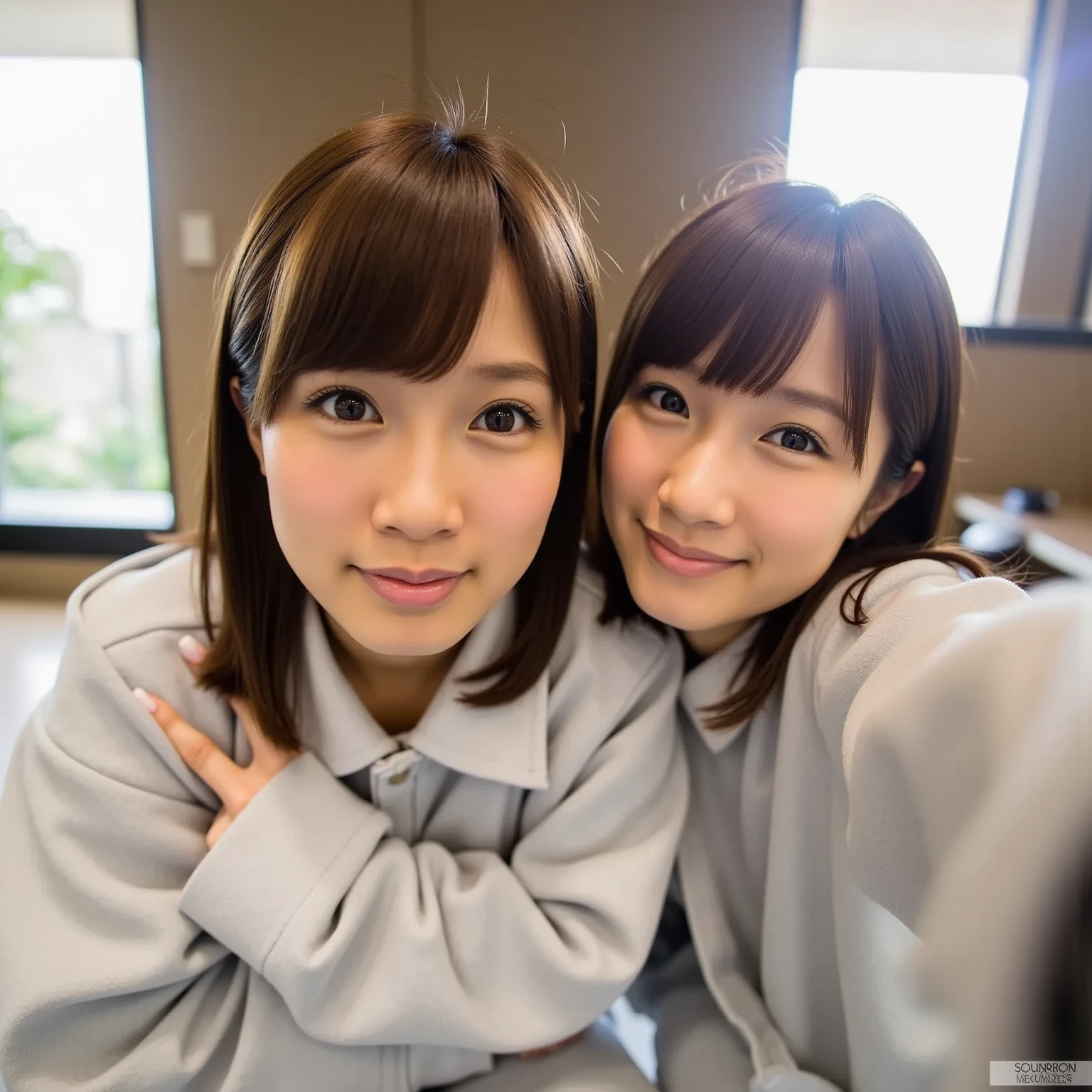 2girl, two Japanese idol girls holding a dog, friendly, smile, girl's clothes, girl's room, view from above, close up, 8k, RAW, best quality, [:natural skin, detailed skin, (skindentation:0.3):0.5]