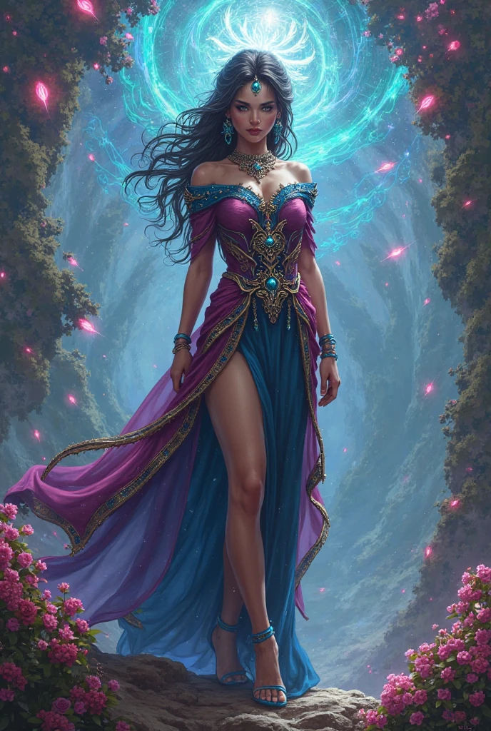 create a sorceress elf with black wavy hair, who has an amulet and wears purple accessories, that has dunes on its body and lilac eyes, at a forest, with a long dress