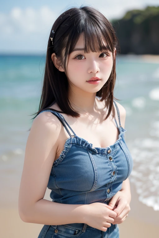 masutepiece, Best Quality, Illustration, Ultra-detailed, finely detail, hight resolution, 8K Wallpaper, Perfect dynamic composition, Beautiful detailed eyes, Wear a dress, Natural Color Lip,Beach, Random and cute poses, flowing bangs, Sunset，，beauty legs,KPOP Idol Face,Perfect and beautiful face,Cute