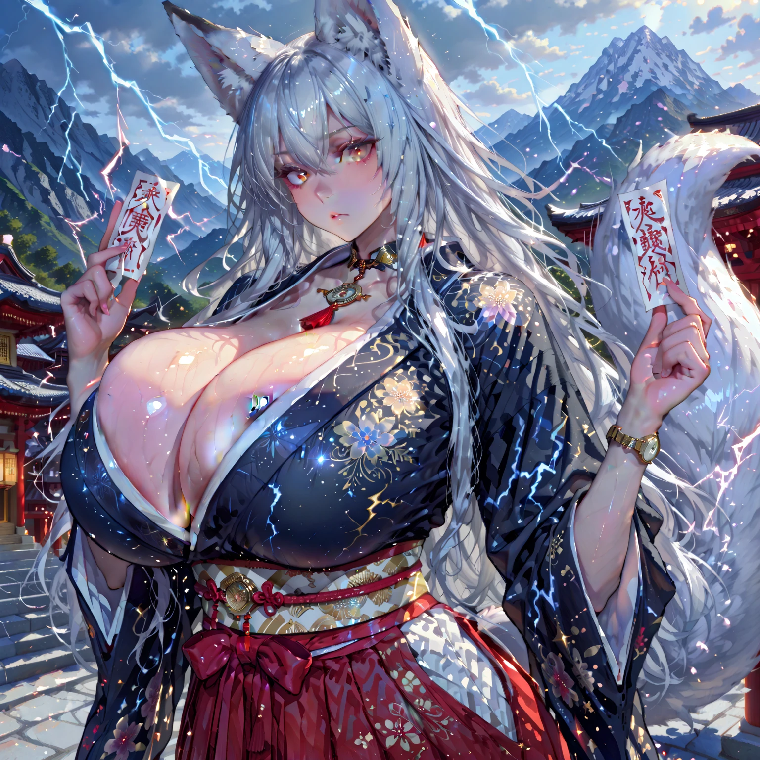 1 girl, long silver hair, fox ears, blue eyes,huge breasts, wearing erotic kimono, nine fox tails,thicc thighs, absurdes, high res, ultra sharp, 4k, masterpiece, looking at viewer