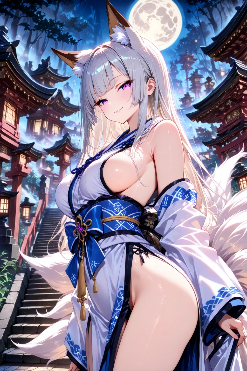 (masterpiece, highest quality:1.2), (High resolution, 8k RAW photo, Photorealistic, Clear focus), (Natural light, Textile Shading), throw, alone, Chest focus, Close-up of breasts, 1 Mature Woman, 28 years old, (Mature Woman:1.5), (Saggy breasts, Big Breasts:1.7, ),Sexy and excited、smile,(Wolf Ears:1.3)、(Wolf's Tail:1.3) 、Kimono、In the Zen garden of a Japanese temple, In front of the torii gate, In winter, Snowed snow ground, Crystal of snow, Depth of written boundary, Bokeh, Dynamic Angle, (Correct Anatomy, Ideal body proportions), One night, Under the stars,