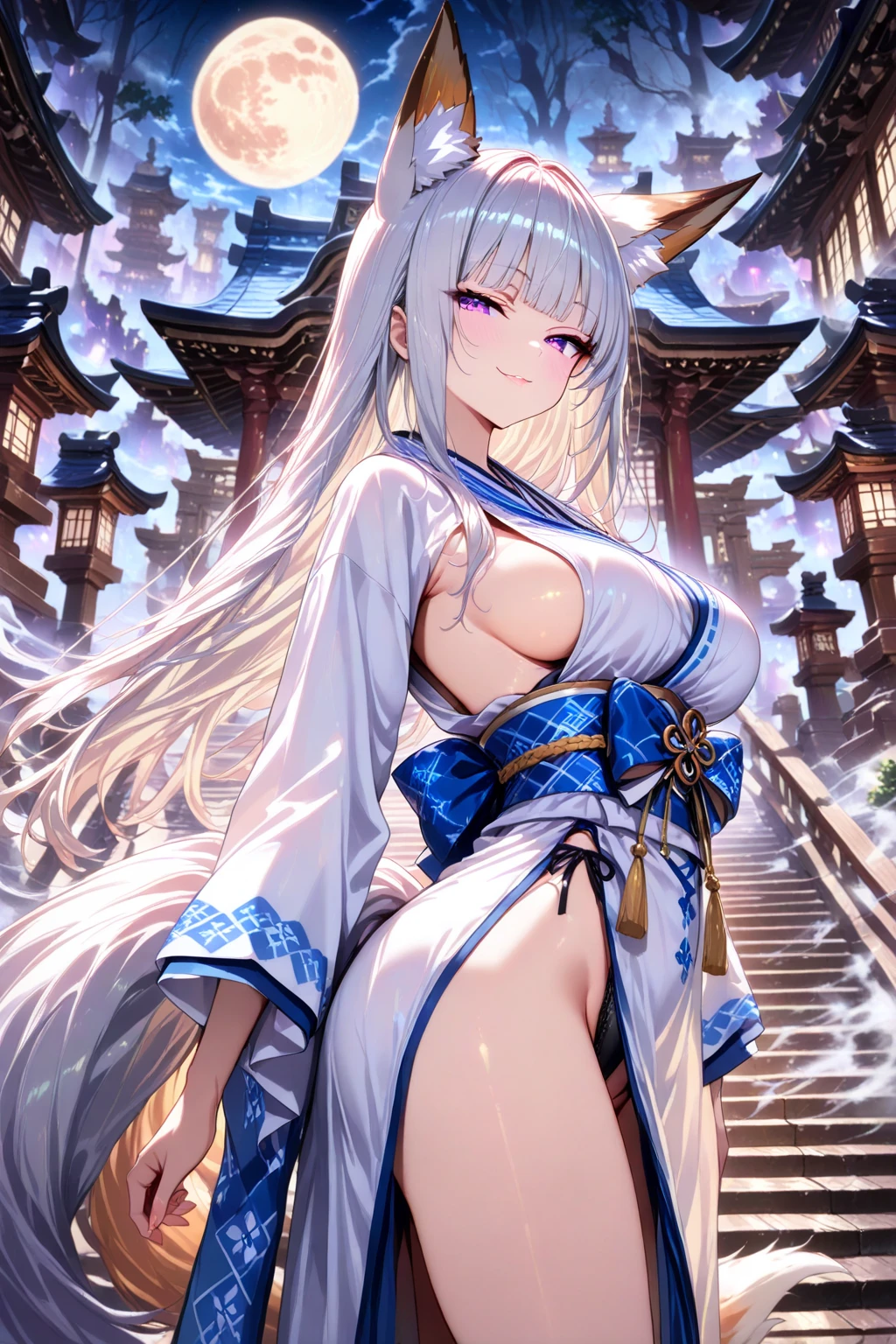 lily、gray hair、Fox、warrior、shrine、long hair、small breasts、highest quality,woman、Completely naked、Miko costume