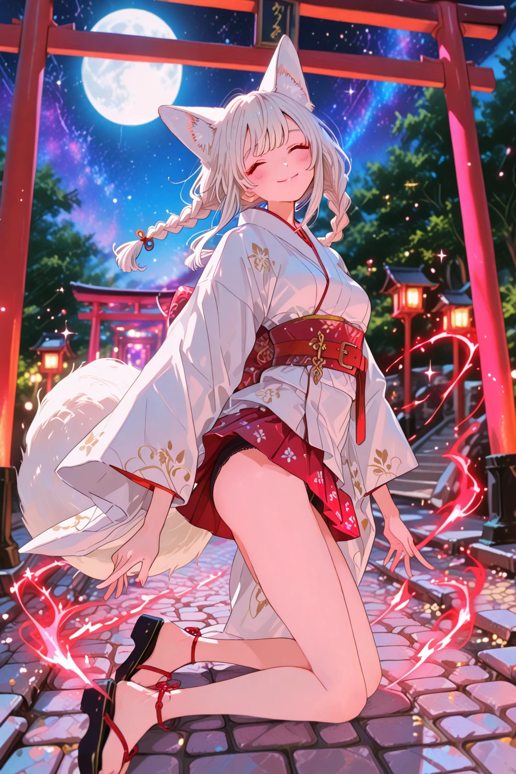 top quality, picture-like quality, ultimate depiction, ((1girl, white fox ears, white long hair, twin braids, white fox tail)), ((white kimono, red accent, Short length)), ((red belt, Belt on the Belt)), ((red miniskirt)), ((black panties, Brown Braids)), ((sandals with red thongs)), ((playful smile)), ((Mysterious Light Aura, Particles of Light Dance)), (( full moon, moonlight)), (( Milky Way, Sparkling Stardust)), ((Red Torii in the Distance, Moonlight Shining into the Torii Gate)), ((Cobblestone, Cobblestoneに映る月明かり)), ((Depth of Field Effect, cinematic depth of field)), ((Wind Effect that gracefully shakes hair and kimono)), ((volumetric lighting)), dramatic night atmosphere, moonlit scene, Negative: Unnatural Poses, Too blurry, Excessive Light Buds