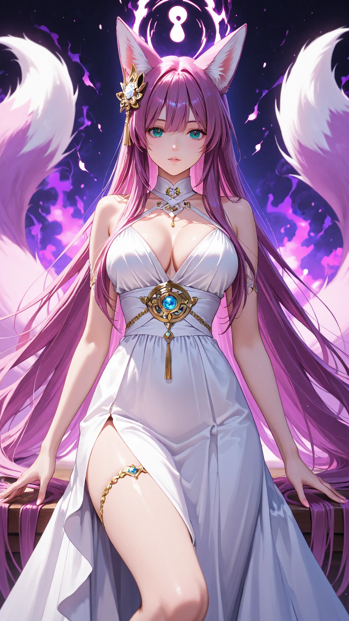 ((Ultra resolution 8K)),Un primer plano de una mujer, ((hermosa mujer rostro griego)), mujer con un vestido blanco en movimiento con cabello largo y morado, ((cabello morado)),((hermosos ojos )),((muy bien detallados)),ojos morados y vestido blanco, Diosa , Himno del Rey como Princesa, rostro europeo,Chica hermosa rostro europeo con pelo largo, Princesa de Amatista, Misato Katsuragi, Princesa bella, La diosa griega Atena