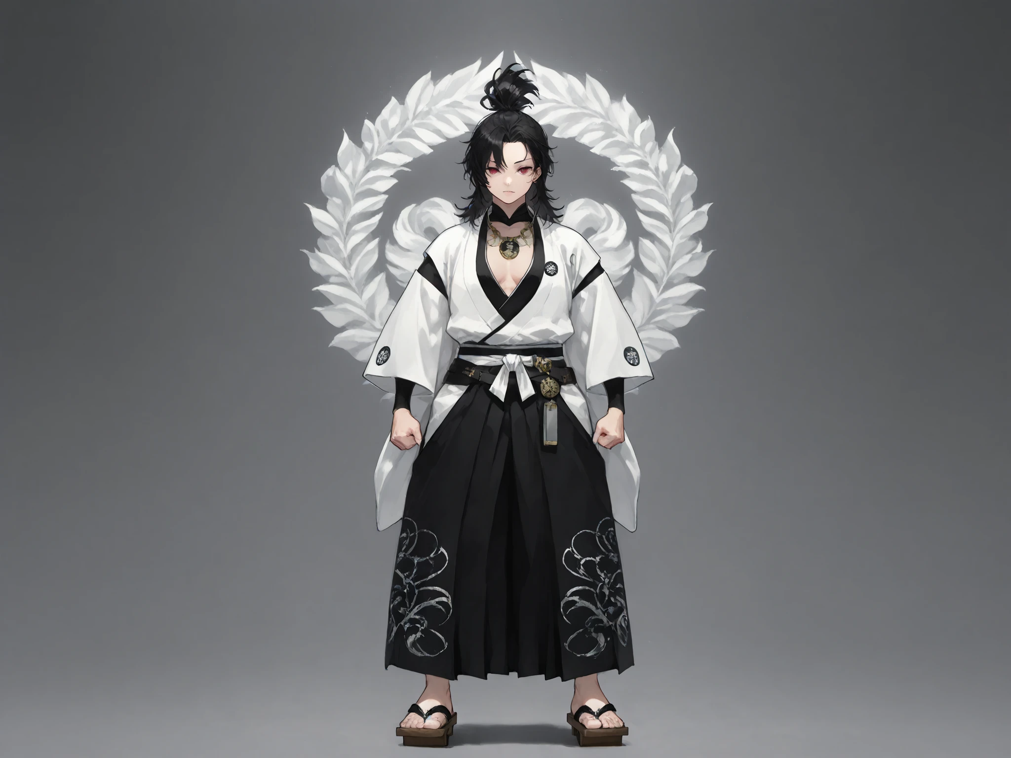 full body, front view, standing pose, tall and lean build, open kimono top, (half white half black outer kimono), white side decorated with large geometric patterns, dark side plain or minimally detailed, layered inner clothing with visible collar, traditional samurai hakama pants, anvil-shaped central belt buckle (stylized like hammered metal), ornamental accessories (small necklace, crest pin, minimal waist ornament), geta sandals, traditional hairstyle (neatly tied topknot with side strands), reliable expression, gentle eyes, confident and kind demeanor, black and white ink style, highly detailed, manga-style, crisp linework, semi realistic