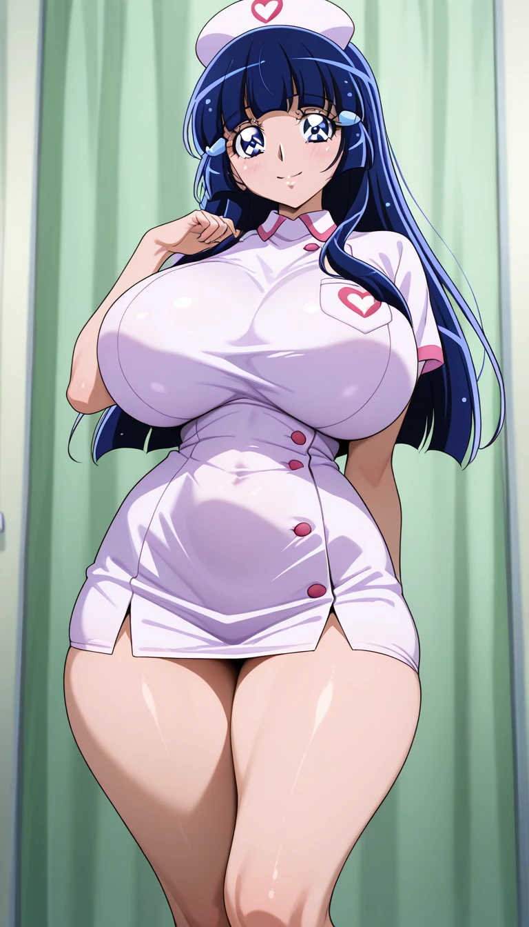 standing pose, using white nurse outfit, white gloves, (at strip club), NJAkiV4, takeda hiromitsu style, anime cels style, best quality, high resolution, (gigantic breasts:1.3), cowboy shot, blush, (light smile), (purple eyes), blue hair, long hair, (nijou aki hair), mature women
