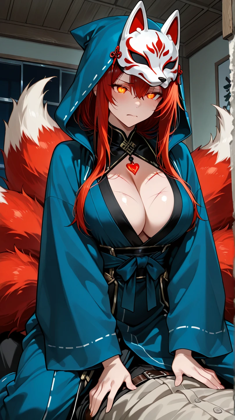 ((masterpiece)), ((best quality)), ((HD 4k)), ((brown skin)), ((perfect anatomy)), ((older woman)), woman, ((female face) ), Happy, ((mouth mask)), ((light red eyes)), Eyelid, Sclera, Iris, eyebrow, eyelashes, fox ear, nose, ((giant red hair)), ((fringe)), ((hair detail)), ((light effects on hair)), ((phonk outfit)), black shirt detail, black jacket detail, ripped black short shorts detail, ((light effect on clothing)), ( (body lights effect)), neck, Shoulders, ((big chest)), arms, ((thick legs)), ((big thigh))