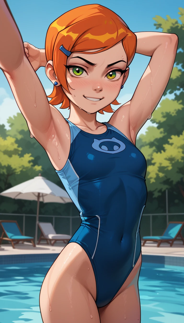 ((best quality)), ((masterpiece)), (detailed), happy goblin girl, green skin, pointy ears, yellow hair in tight ponytail, tiny breasts, 3 feet tall, very small, very tiny, very thin, muscular, at an outdoor Olympic swimming pool, wearing competition swimsuit, dynamic pose, cinematic still, action pose, looking at viewer, naughty smile, pulling down swimsuit, teasing, sunset, romantic lighting, strap slip