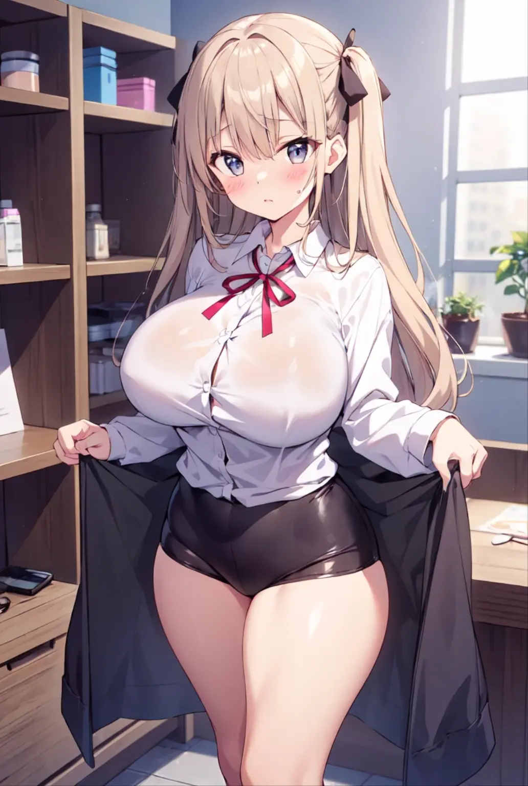 (woman), blush, Ahegao, white skin, smooth white thighs, Sheer blouse, tight mini skirt,  beautiful face, chest, sweating, sexy, highest quality,8K quality,stand pose, (background: In front of the desk in the office)、