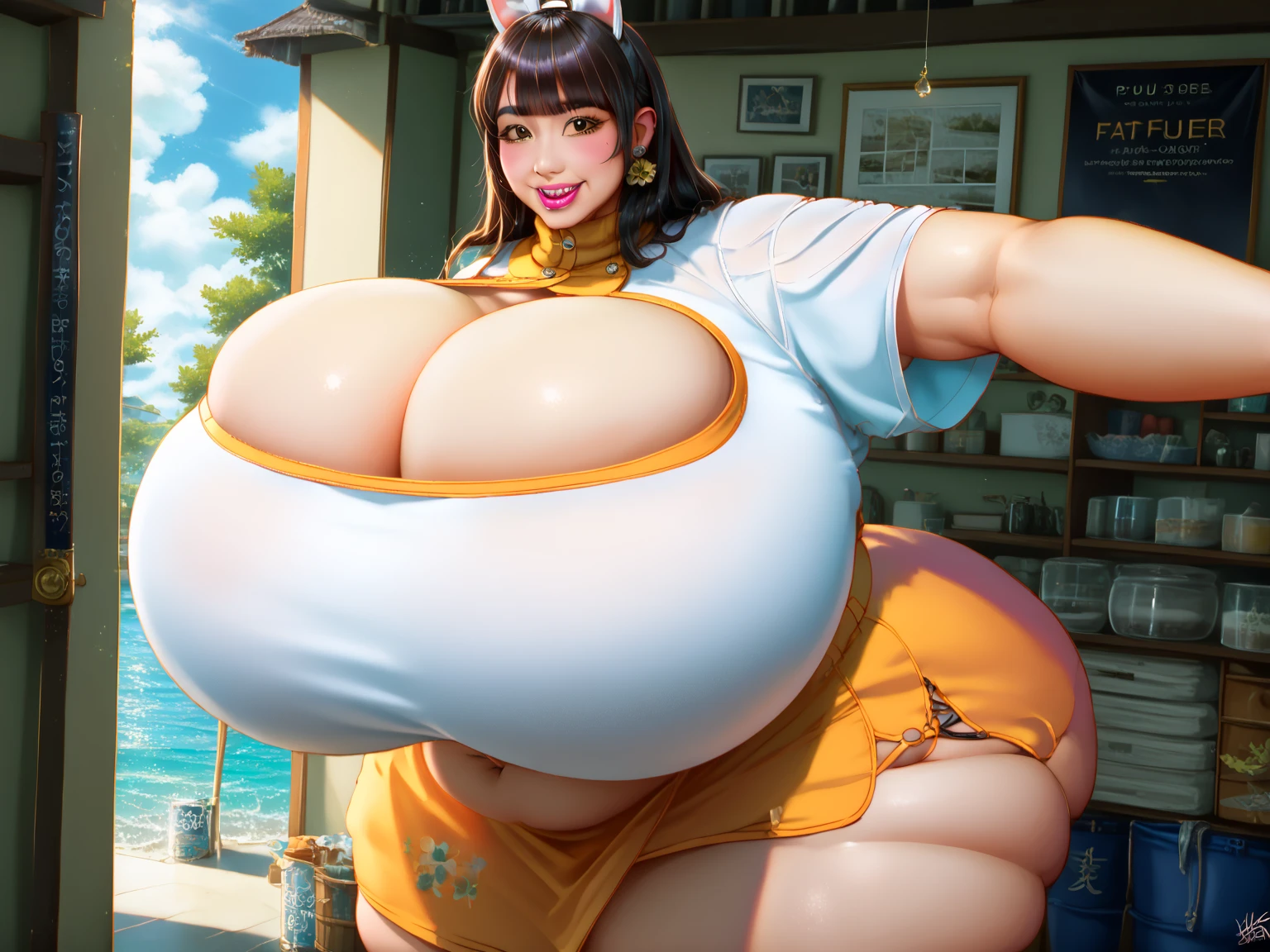 masterpiece, best quality, ginny, cow girl, collar, neck bell, o-ring top, pink pants, cow print, cowboy shot, city, night, neon signs, smile, (leaning forward:1.3), huge breasts, looking at viewer <lora:ginny-nvwls-v1-000009:0.9>