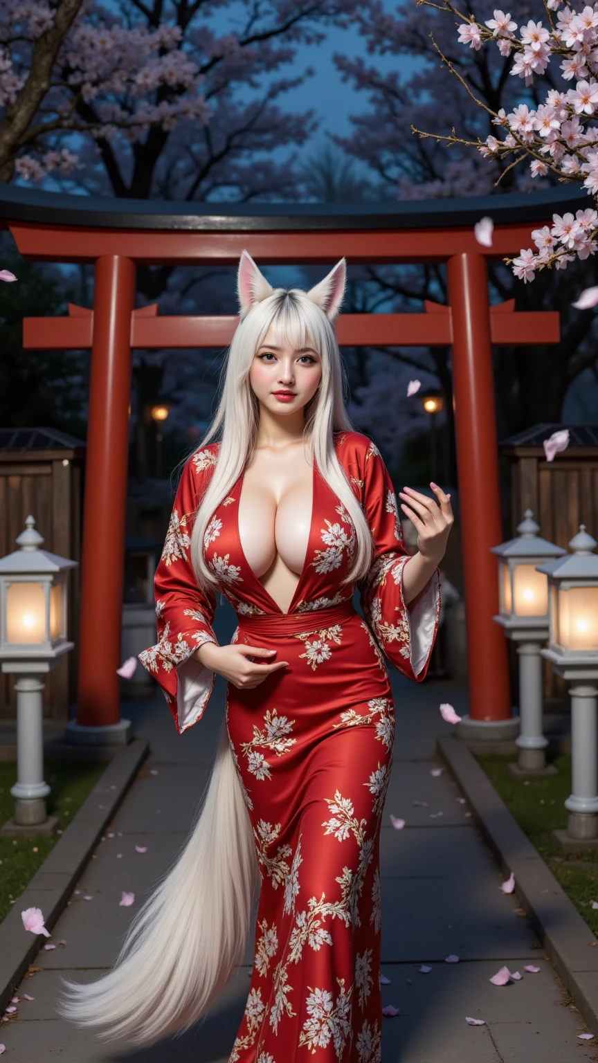 Beautiful Goddess（1 person）、White Fox Incarnation、It has nine tails、Beautiful woman、kimono、Trained muscles、Big Breasts、Gray Hair、Muscular body、Japanese Shrines、Cherry Blossoms at Night、full moon、8k、Realistic