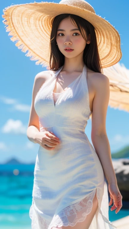 NFSW(((High resolution))、8K、(In detail))、(Highest quality)、Beautiful girls、A beautiful girl with white wings growing on her back、Cute beautiful girl with a smile、Very attractive beautiful girl、(The white bikini is a halter neck with a string.)、blue sky、Cobalt Blue Sea、White sand beach,(((Your smile is cute,)))、((12-year-old girl:1.5))、Super cute lolita idol、(((Beautiful girl in a white dress with random design, Transparent muscle)))、(Slender body and beautiful breasts)、(Well-formed and elegant face)、(セミnude)、NSFW 、nude、(((Nipples)))、Big Breasts、tits、Tiny Bikini、セミnude