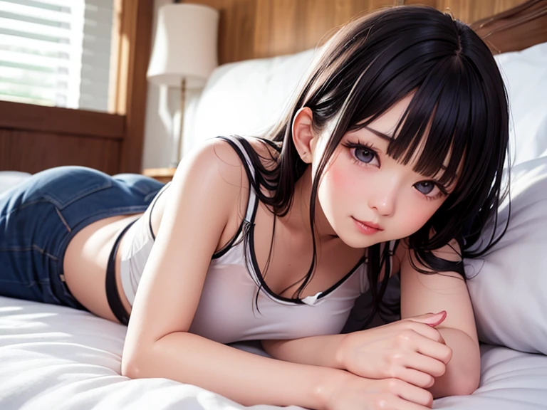 Get out of bed,Shot from above the bed,masterpiece, One woman, Solo Exhibitions, Beautiful woman with small breasts,Beautiful Goddess Portrait, Beautiful and elaborate face, Porcelain-like skin, (((Full Shot,center, night, Black Hair, short hair)), Very soft lighting, Symmetric, complicated, grace, Attention to detail, realism, art, concept art,Completely naked,To be ejaculated,Blowjob,gansya,The body gets wet,Close ~ eyes