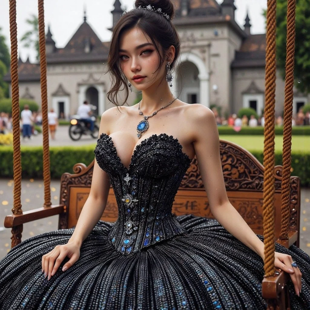 (Ultra HDR) (cinematic effect) Photo of an asian woman with long hair flowing in the wind, wearing a black batik patterned costume, a V-cut strapless corset style batik dress made of carbon patterned satin, a very narrow and stiff V-cut waist decorated with blue jewels, a luxurious long skirt, looks beautiful and stunning, very realistic and detailed, with a royal palace in the background, sitting on a swing, behind it is a black classic car. hyper realistic, hyper detail clothing, Detailed gemstones, masterpiece, best quality:1.2),,(8k,highres,RAW photo,realistic,photo-realistic:1.3),(detailed skin texture,detailed cloth texture, beautiful detailed face:1.25),professional lighting,photon mapping,beautiful soft light,radiosity,physically-based rendering,raytracing, model shoot style, model shoot style, (extremely detailed CG unity 8k wallpaper), full shot body photo of the most beautiful artwork in the world (NSFW), (Nude), (Naked), (pussy) (small pussy) (tight pussy) (carbon fiber corset) (veiny breast) (steampunk corset)