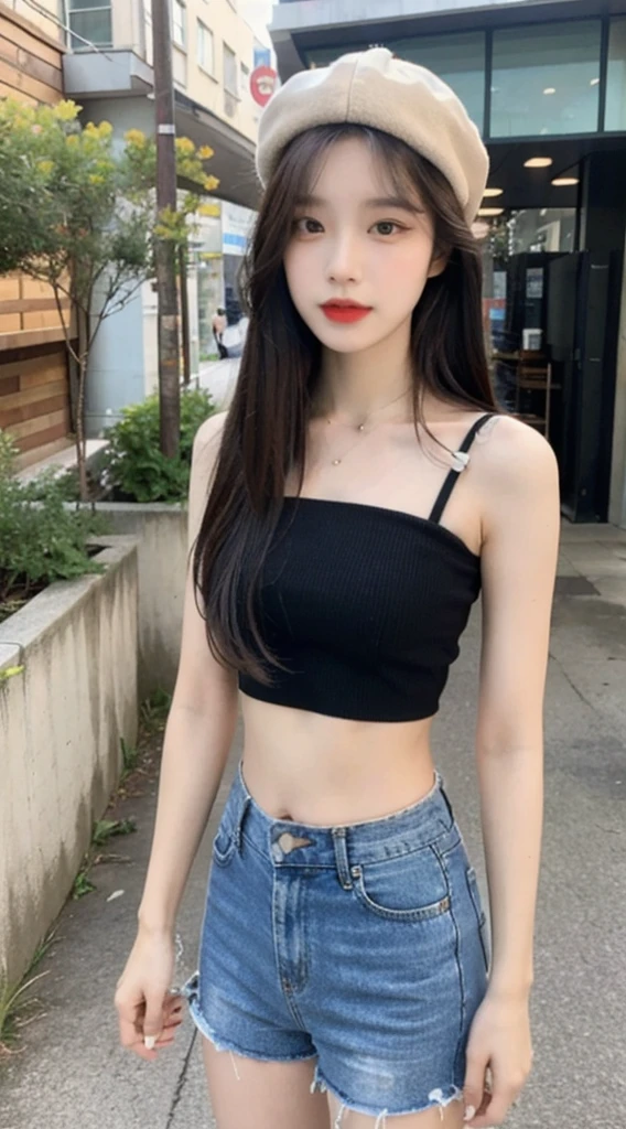 Beautiful 18-year-old brunette girl wearing a short one-shoulder black blouse and high-waisted denim shorts with a black belt showing her navel with thick legs