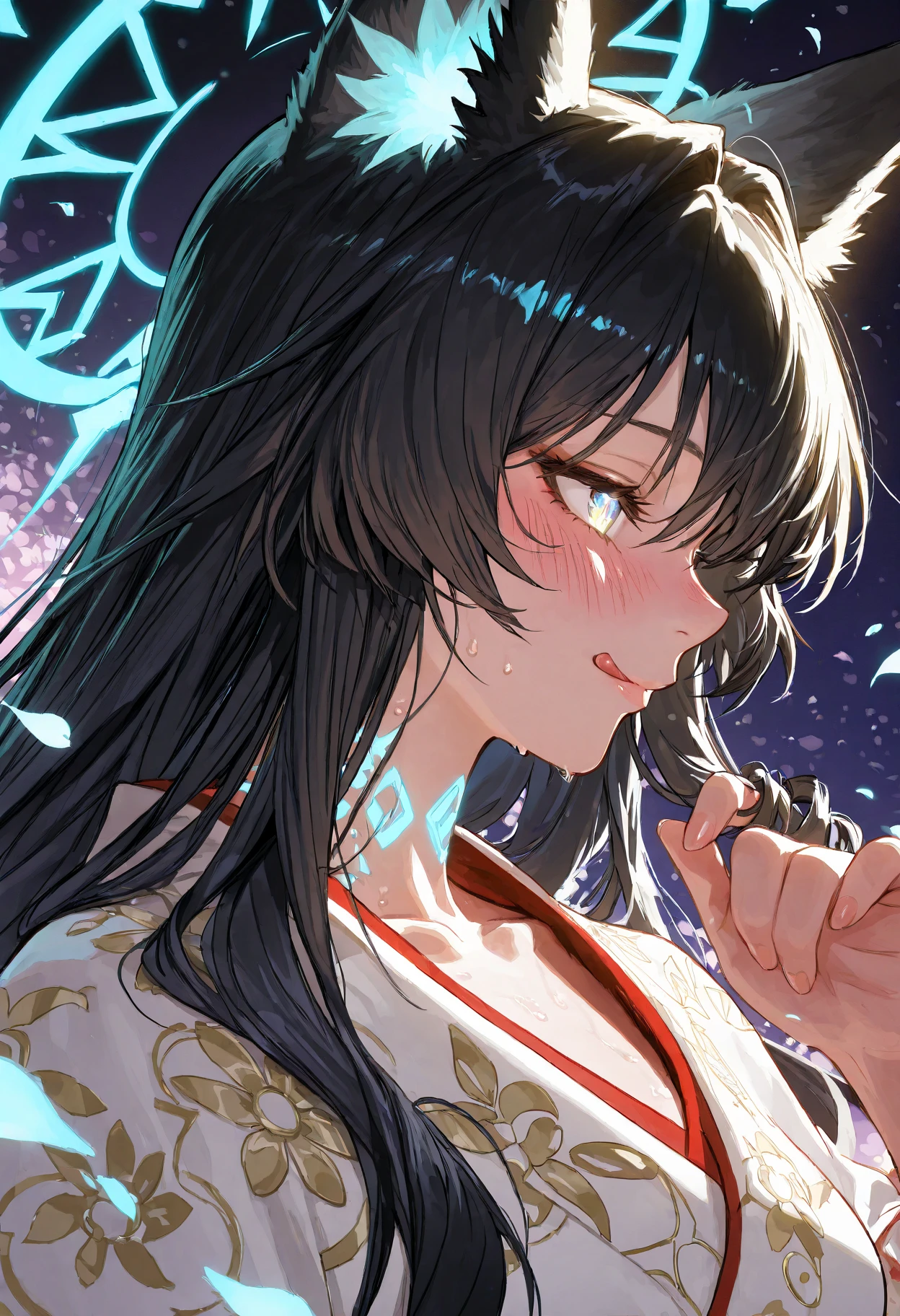 ultra-detailed ethereal fantasy portrait, upper body focus in elegant side-angle profile, a thousand-year-old fox spirit as a beautiful woman, long flowing jet-black hair cascading over her shoulder, white fox ears visible in profile, flushed face, sweat on skin, blushing intensely, half-lidded aroused smile, licking lips, glowing blue-highlighted eyes in sharp profile, delicate runes glowing on collarbone, elegant kimono with subtle floral patterns draped along her side, soft moonlight grazing her cheek, swirling mist and drifting sakura petals framing the silhouette, magical aura with faint celestial sparkles, photorealistic textures and dreamy glow

