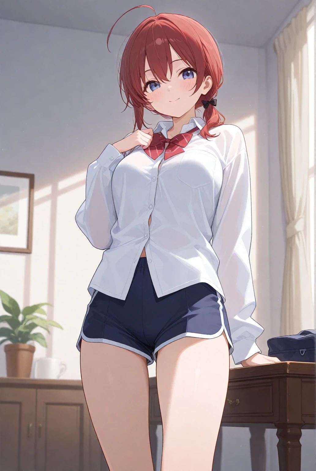 An anime girl with red hair and blue eyes wearing a skirt and an open shirt revealing a black and red bra