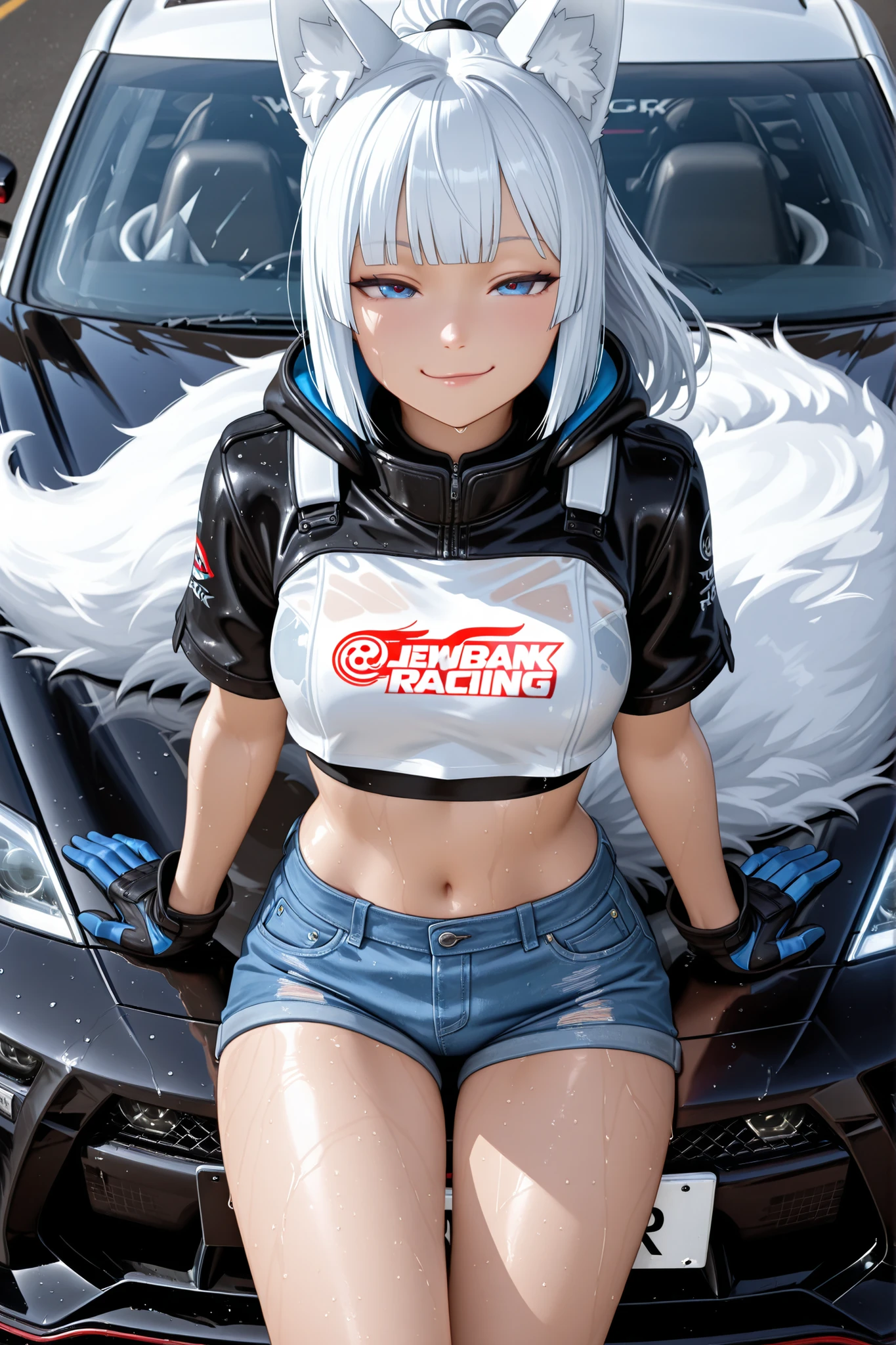 anime style, cinematic wide-angle shot,Nissan GTR R35, aw0k car,Sit on the hood of a car,centered in the frame, white hair in hime cut and high ponytail, 9 large fluffy fox tails, wearing denim shorts, crop top, cowboy shot,face focus,racing gloves and racing shoes, with a smug expression on her face. The car’s headlights are on, with realistic light reflections on the wet-looking road surface. Dramatic backlighting from the sunrise in the background. Realistic lighting, wide-angle lens distortion, cinematic atmosphere.