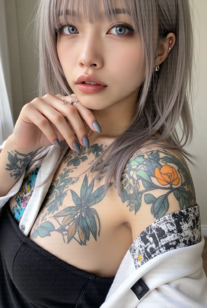 arafed woman With tattoo and piercings posing for a picture, of taiwanese girl With tattoo, ((13 years old)), middle School girls, (emerald green hair), fully tattooed body, full body tattoo, full body tattoo, inked, tattooed, With tattoo, Ink style, Tattoo as a whole, tattooed body, full body tattoo, tattoos all over the skin, Oriental tattoos, yakuza slim girl, korean artist, sun yunjoo